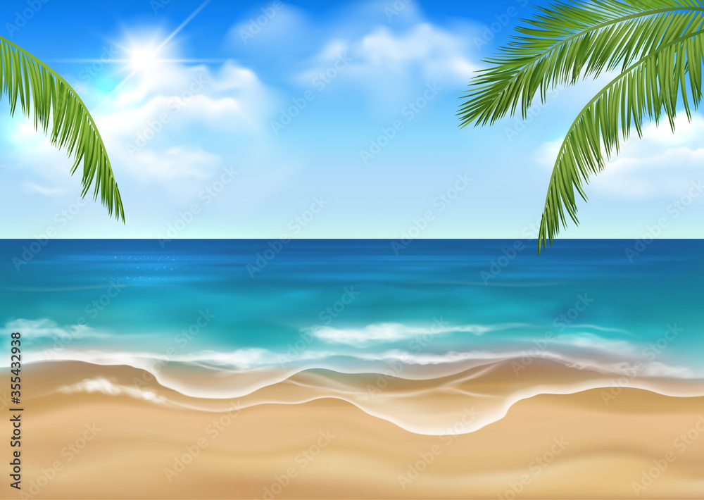 Obraz premium Vector sunny sandy beach with idyllic sea scenery, blue sky with sun and clouds and green palm leaves