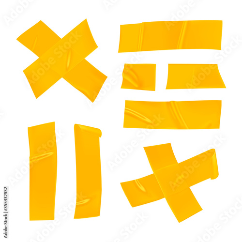 Yellow duct tape set. Realistic yellow adhesive tape pieces for fixing isolated on white background. Adhesive cross and paper glued. Realistic 3d vector illustration