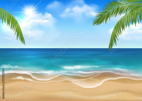 Vector sunny sandy beach with idyllic sea scenery  blue sky with sun and clouds and green palm leaves