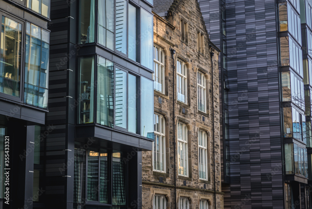 Renoveted old building and modern architecture in Quartermile area of Edinburgh city, UK