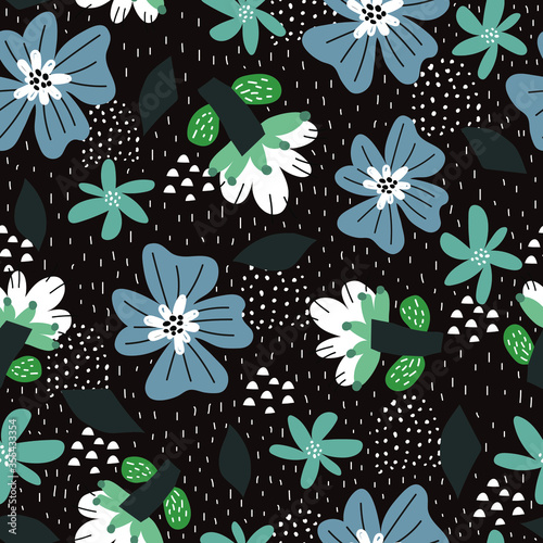 summer seamless pattern with cartoon flowers, decor elements on a neutral background. colorful vector, hand drawing. design for fabric, print, textile, wrapper