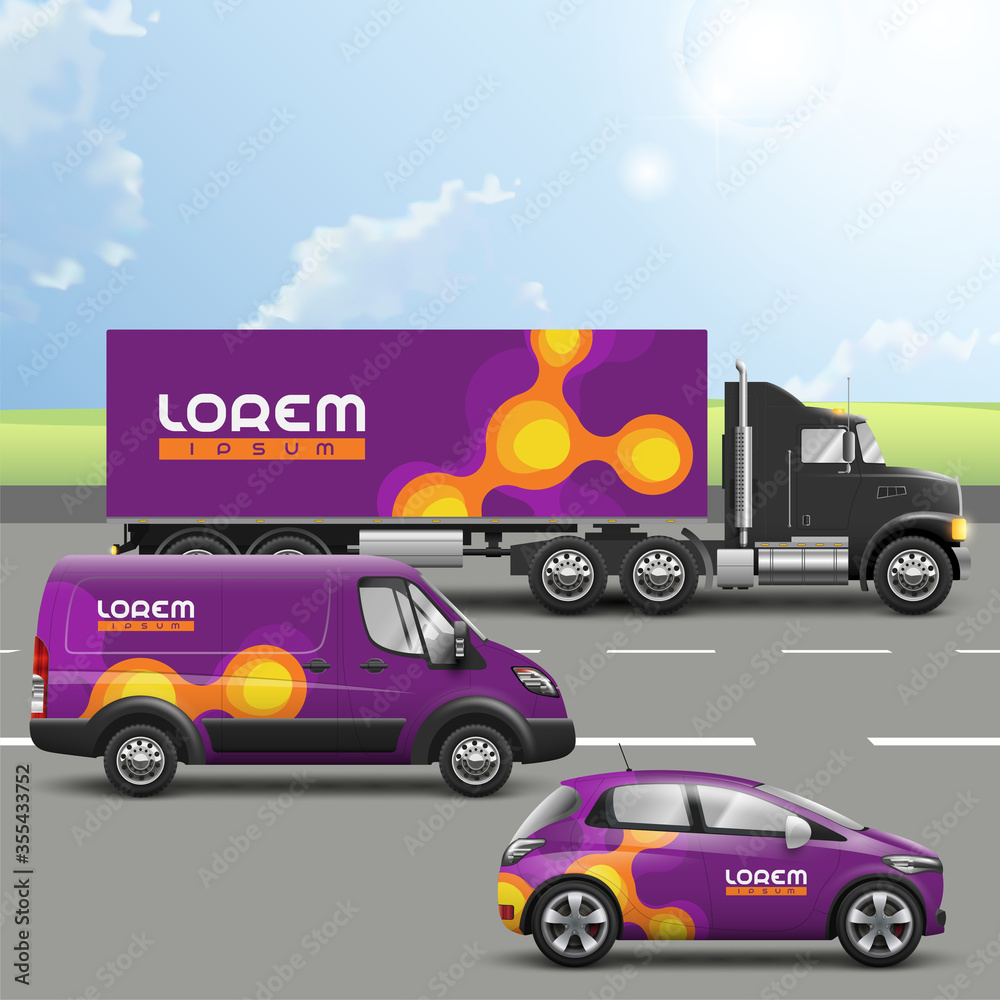 Purple transport advertising design with orange molecules. Templates of the truck, bus and passenger car. Corporate identity