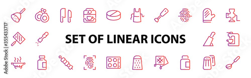 KITCHEN ICON Cooking process, Kitchen tools, Icon set, thin line vector has a blender, oven, knife, grater, barbecue, apron, barbecue, grill, coffee machine, kitchen glove, Editable stroke