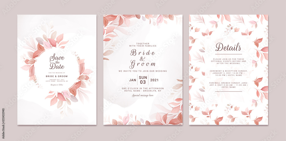 Wedding invitation template set with romantic floral frame and pattern. Roses and sakura flowers composition vector for save the date, greeting, thank you, rsvp card vector