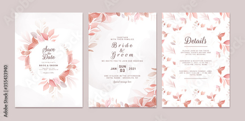 Wedding invitation template set with romantic floral frame and pattern. Roses and sakura flowers composition vector for save the date, greeting, thank you, rsvp card vector