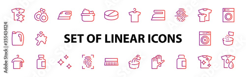 Simple set of washing related vector line Icons. Contains icons such as washing machine, powder, laundry, dirty t-shirt and much more. On a white background, editable stroke. 48x48 pixels perfect