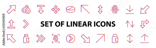 Set of line arrows, directions, arrows, contains icons such as pause, continuation, directly, to the right, Editable stroke. 480x480, On a white background, Vector illustration