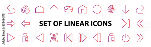 Set of line arrows, directions, arrows, contains icons such as pause, continuation, directly, to the right, Editable stroke. 480x480, On a white background, Vector illustration
