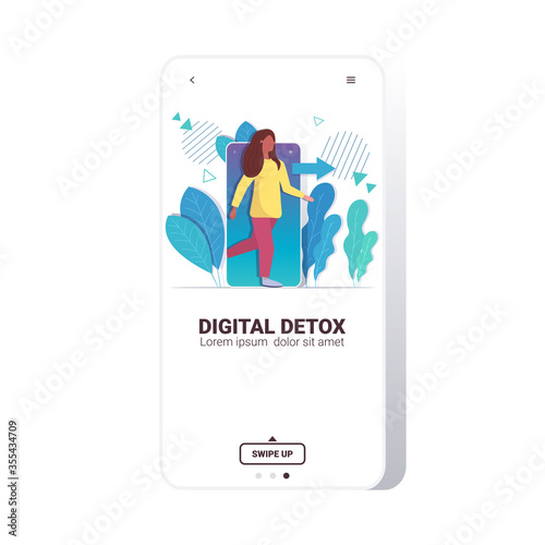 woman coming out of cellphone digital detox concept girl escaping from digital addiction abandoning internet and social networks smartphone screen mobile app full length vector illustration