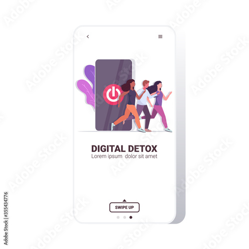 mix race people running out smartphone screen with turn off button digital detox rest from devices concept users abandoning internet and social networks copy space vector illustration