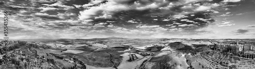 Pienza, Tuscany. Aerial view at sunset of famous medieval town