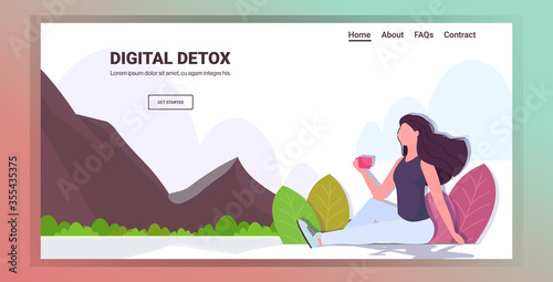 woman drinking coffee relaxing outdoors digital detox concept girl abandoning internet and social networks landscape background horizontal full length copy space vector illustration