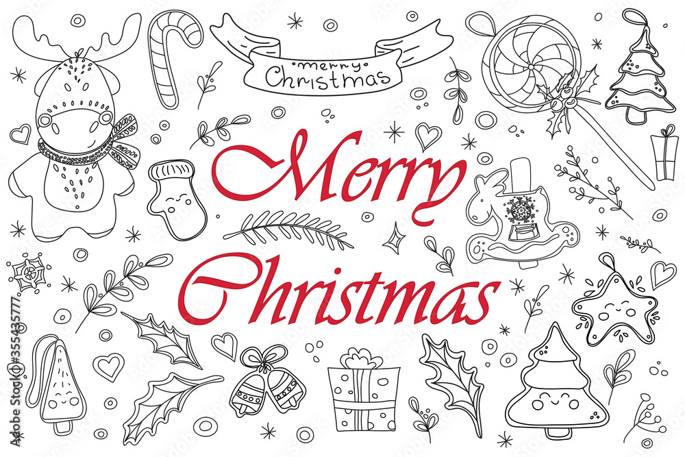 Fototapeta premium Merry christmas and Happy new year vector background with red and black symbols isolated on white. Doodle Christmas holiday greeting card design elements. Sketch drawing for your design.