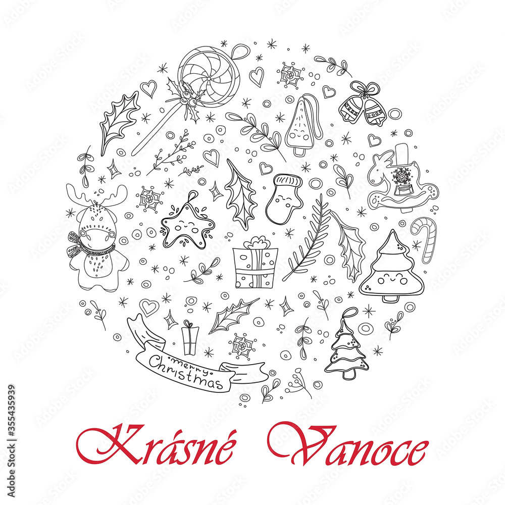 Merry christmas and Happy new year IN CZECH LANGUAGE, doodle vector greeting card with red and black christmas symbols isolated on white background. Christmas element, sketch drawing for your design.