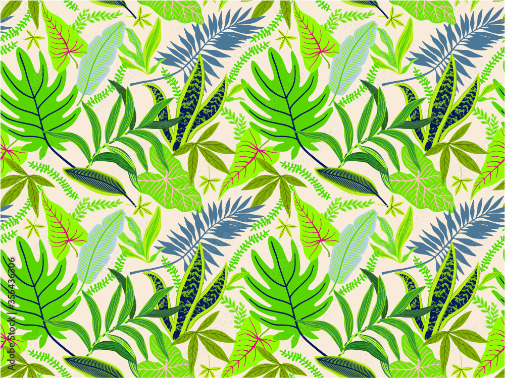 Fototapeta premium Trendy seamless background with tropical leaves. Bright jungle pattern with palm leaves and exotic plant. The elegant template with Hawaiian motifs, on white background.