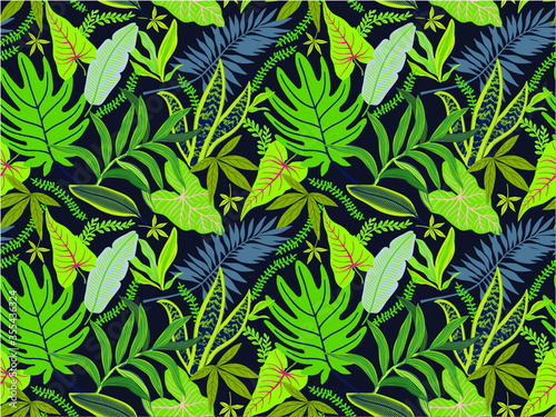 Fototapeta Naklejka Na Ścianę i Meble -  Seamless background with tropical leaves. Bright jungle pattern with palm leaves and exotic plant. The elegant template with Hawaiian motifs, on dark background.