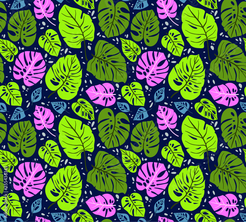 Seamless pattern with tropical leaves. Vector background with monstera leaf. Floral jungle ornament. Texture with tropic plants. Bright leaves on a dark blue background.