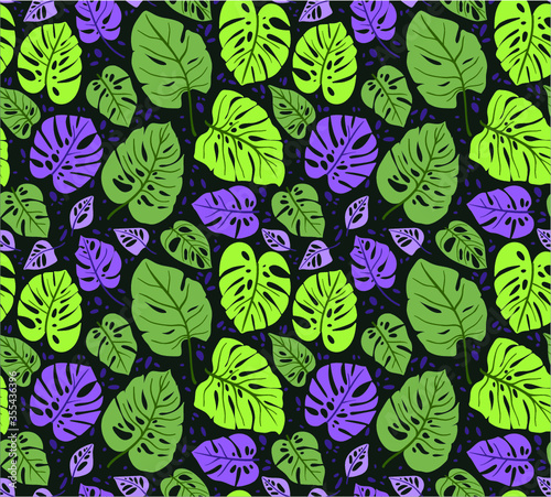 Seamless pattern with tropical leaves. Vector background with monstera leaf. Floral jungle ornament. Texture with tropic plants. Bright leaves on a dark background.