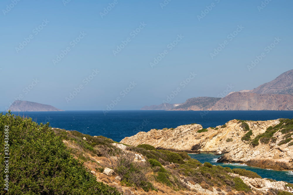 Panoramic view of a sea and islands from the top of the mountain, on the island of Crete, Greece.