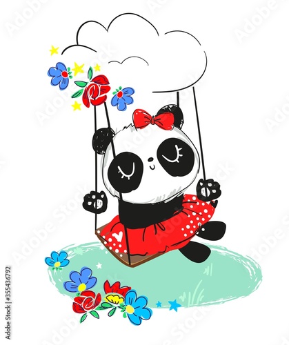 Panda in a dress with a bow on a swing. Beautiful vector illustration. Print design