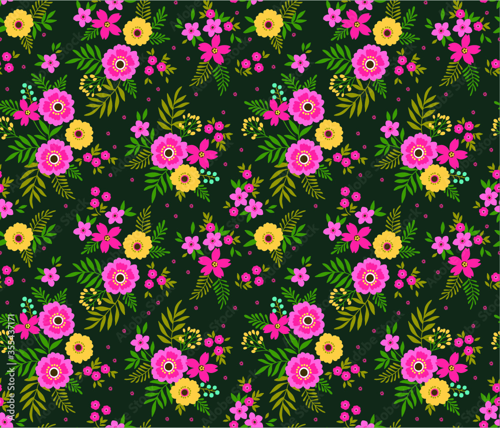 Simple cute pattern in small pink and yellow flowers on dark green background. Liberty style. Ditsy print. Floral seamless background. The elegant the template for fashion prints. Simple cute pattern in small pink and yellow flowers on dark green background. Liberty style. Ditsy print. Floral seamless background. The elegant the template for fashion prints.