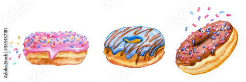 Set of donuts with icing, watercolor illustration on a white background, print for art posters and other designs.