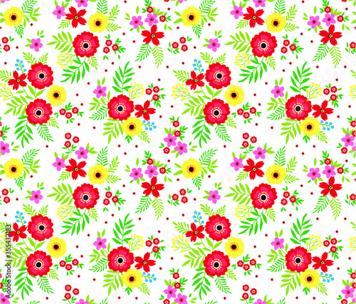 Seamless floral pattern for design. Small multicolored flowers. White background. Modern floral texture. A allover floral design in bright colors. The elegant the template for fashion prints.