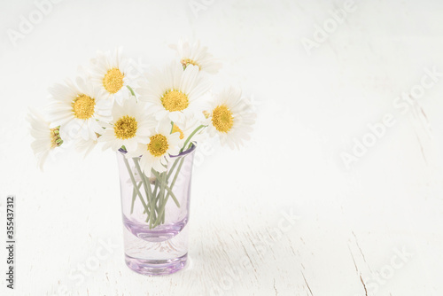 Fototapeta Naklejka Na Ścianę i Meble -  daisy flowers in vase on table with copy space