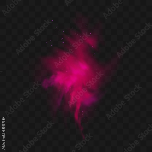Red smoke or fog color isolated on transparent dark background. Abstract pink powder explosion with particles. Colorful dust cloud explode, paint holi, mist smog effect. Realistic vector illustration