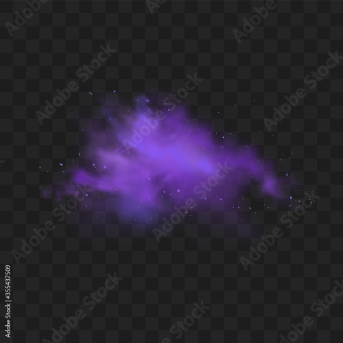 Purple smoke isolated on transparent dark background. Abstract purple powder explosion with particles and glitter. Smoke hookah, poison gas, violet dust, fog effect. Realistic vector illustration