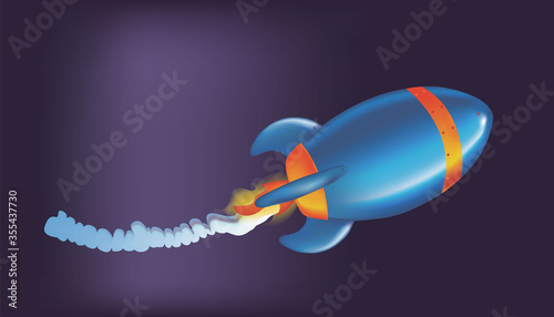 Vector gradient spacecraft in space flies. Cartoon colorful ship with mesh gradient effect. Launce of rocket in space. Blue fantasy craft in universe. Technology of future  concept. Cosmos flight.