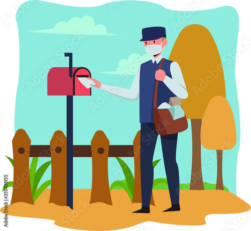 Postman is delivering letter while using medical mask