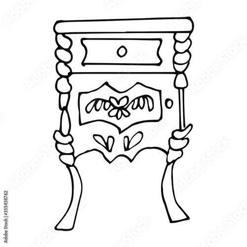 A single elegant antique nightstand isolated on a white background. Retro chest of drawers in Doodle style. Vector drawn Vintage furniture.