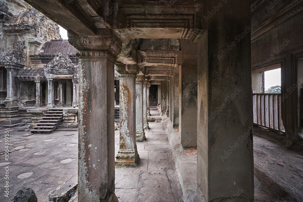 Corridor inside Angkor Wat main complex in Cambodia