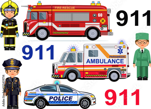Rescue Vehicles: Fire Engine, Ambulance police Cars.  Paramedic  firefighter police officer