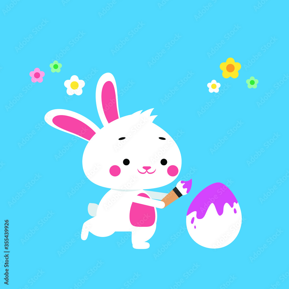 Cute bunny painting egg with a brush paint. Easter holiday contept card