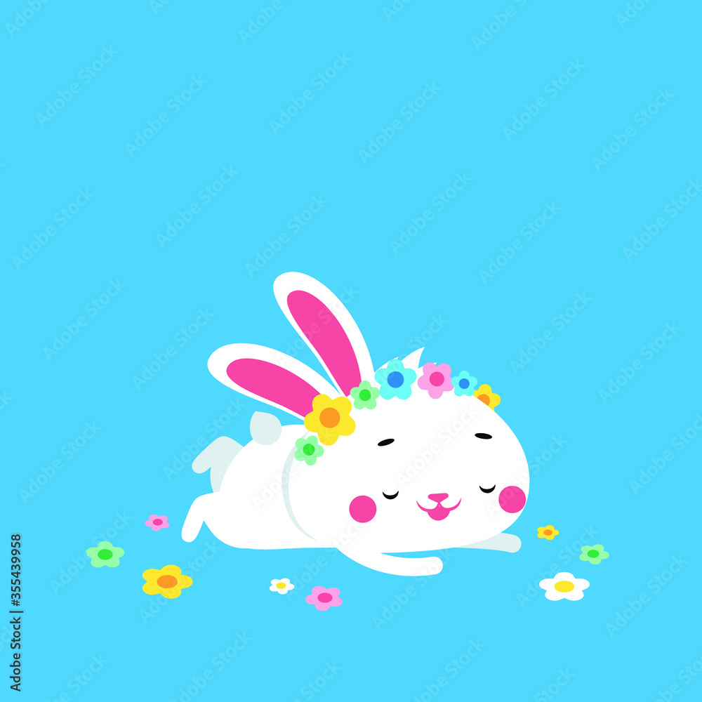 Cute easter bunny resting with flowers and wearing a flower crown. Festive and holiday concept