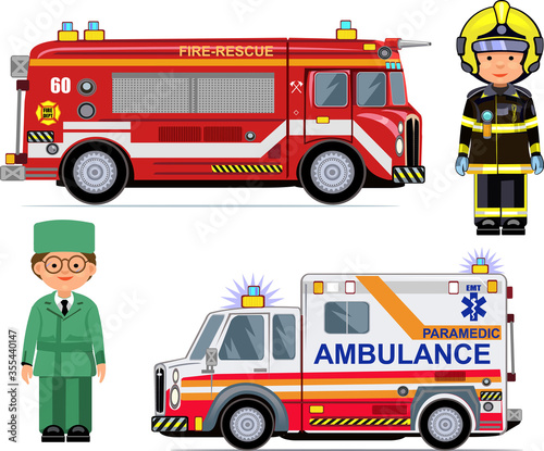 Rescue Vehicles: Fire Engine, Ambulance Cars.  Paramedic and firefighter