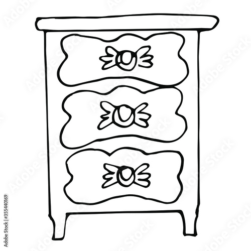 Single elegant antique nightstand with three drawers isolated on a white background. Retro chest of drawers in Doodle style. Vector drawn Vintage furniture.