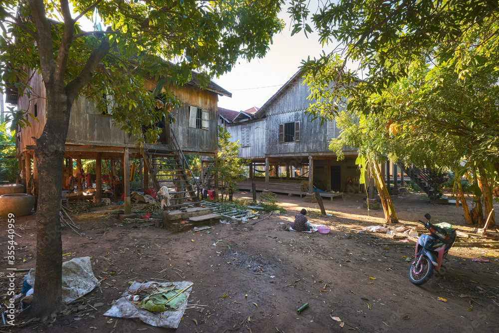 Rural khmer stilt houses in a cambodian village