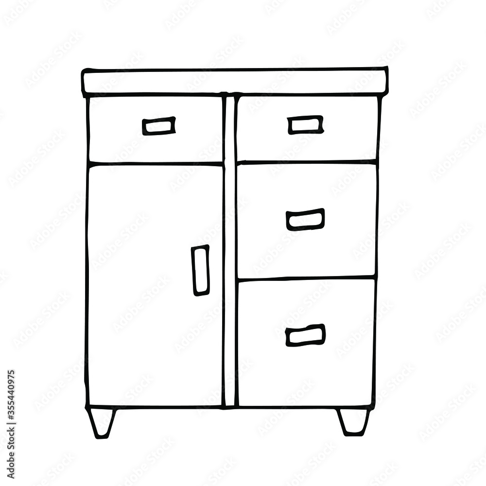 Vector drawing. Vector drawing. Modern bedside table. Sketch stile. A linear pattern. Black and white doodles Isolated on a white background. Modern furniture for bedroom, study, living room. Vector drawing. Vector drawing. Modern bedside table. Sketch stile. A linear pattern. Black and white doodles Isolated on a white background. Modern furniture for bedroom, study, living room.
