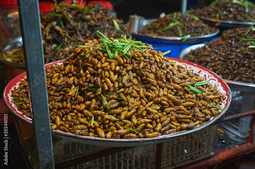 Fried insects at the night street market in Cambodia