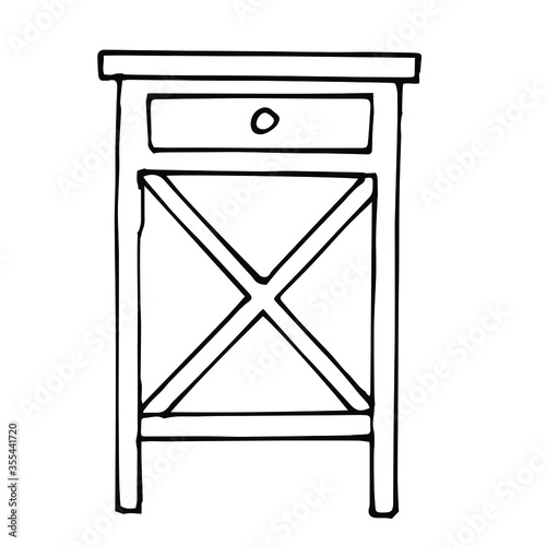 Vector drawing of a nightstand with high legs. Sketch stile. A linear pattern. Black and white doodles Isolated on a white background. Modern furniture for bedroom, study, living room.