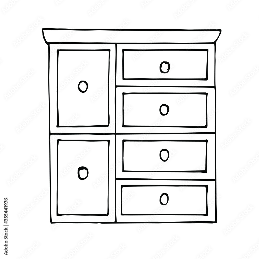 Vector drawing. Modern chest of drawers with six drawers. Sketch stile. A linear pattern. Black and white doodles Isolated on a white background. Modern furniture for bedroom, study Vector drawing. Modern chest of drawers with six drawers. Sketch stile. A linear pattern. Black and white doodles Isolated on a white background. Modern furniture for bedroom, study