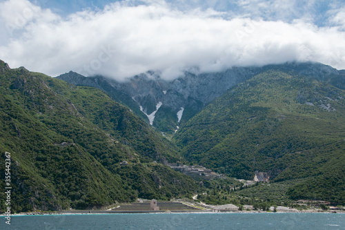 Agiou Pavlou monastery in mount athos landscape with the mountain in the background photo