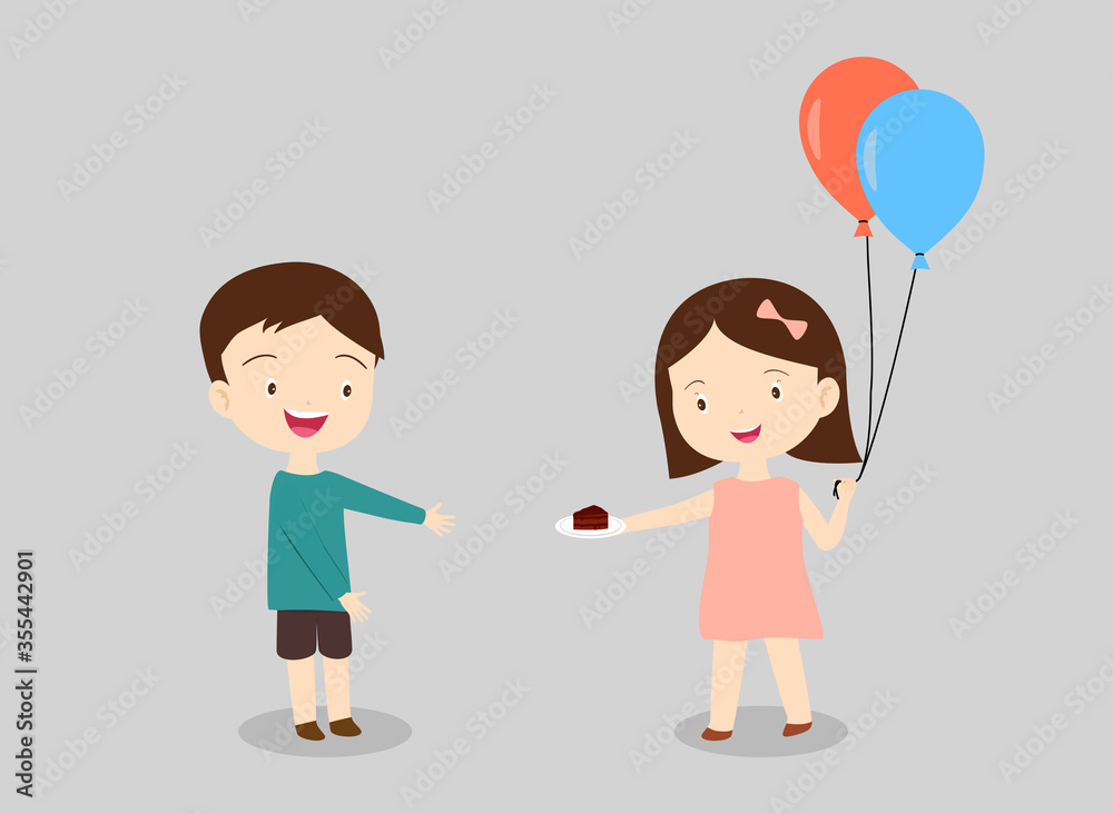 A girl holding balloons and giving a piece of cake to a boy. Party, giving or sharing concept. Children learn to share each other some food or toys and enjoy life together. Cute vector flat style. A girl holding balloons and giving a piece of cake to a boy. Party, giving or sharing concept. Children learn to share each other some food or toys and enjoy life together. Cute vector flat style.