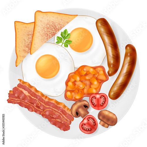 Traditional english breakfast on a plate, top view. Vector illustration.