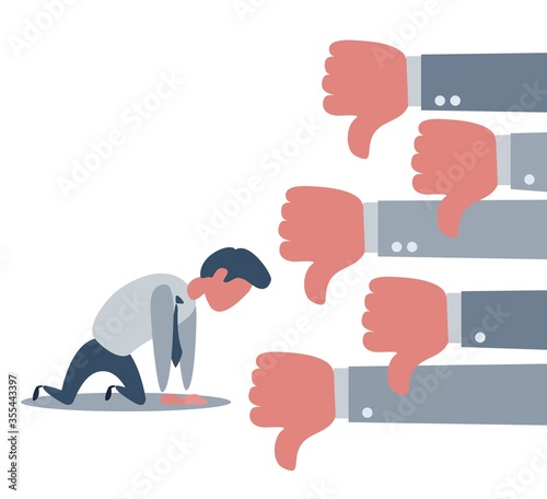 Group of Business man show dislike or unlike thumbs down hand to Sad businessman character on the knees. Vector flat cartoon illustration