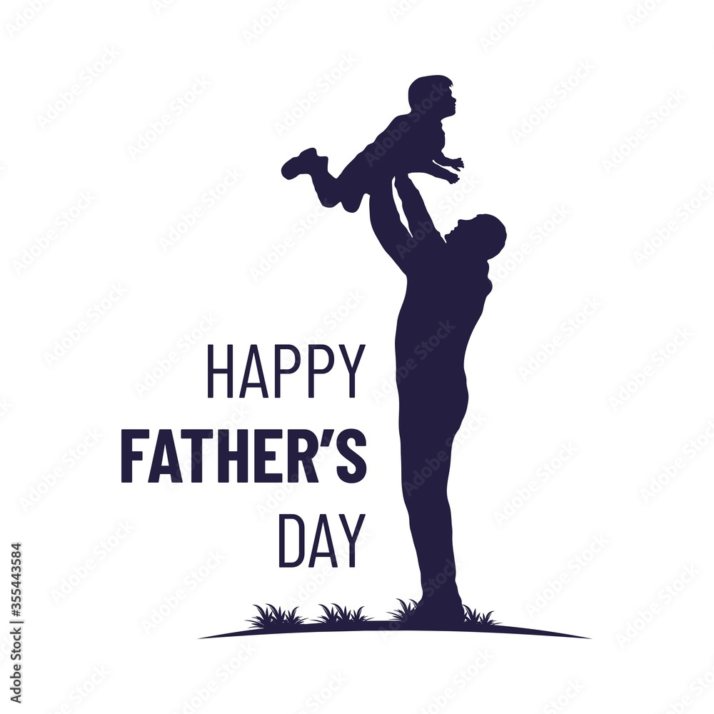 Happy Father's Day poster. Father holds a son child Silhouette. Man with little boy
