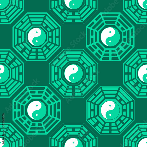 Seamless vector pattern with Yin and yang symbol with Bagua Trigrams